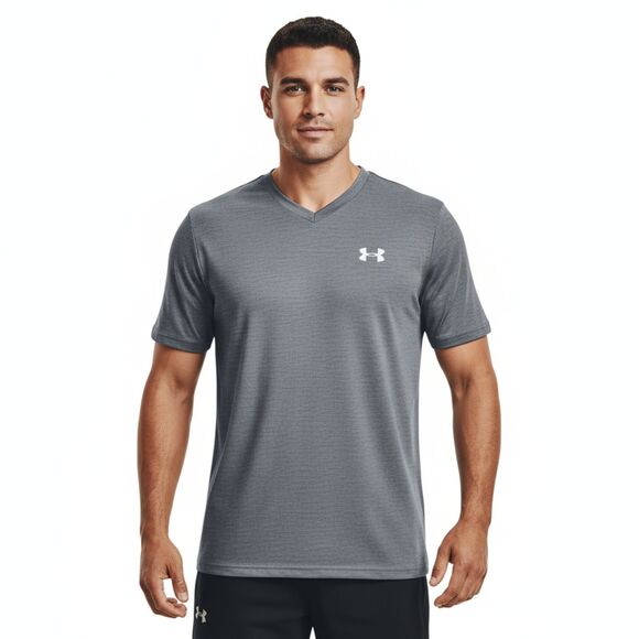 Under Armour Tech V-Neck Men's Athletic T-Shirt - Gray Heather - Size Medium - Picture 1 of 6